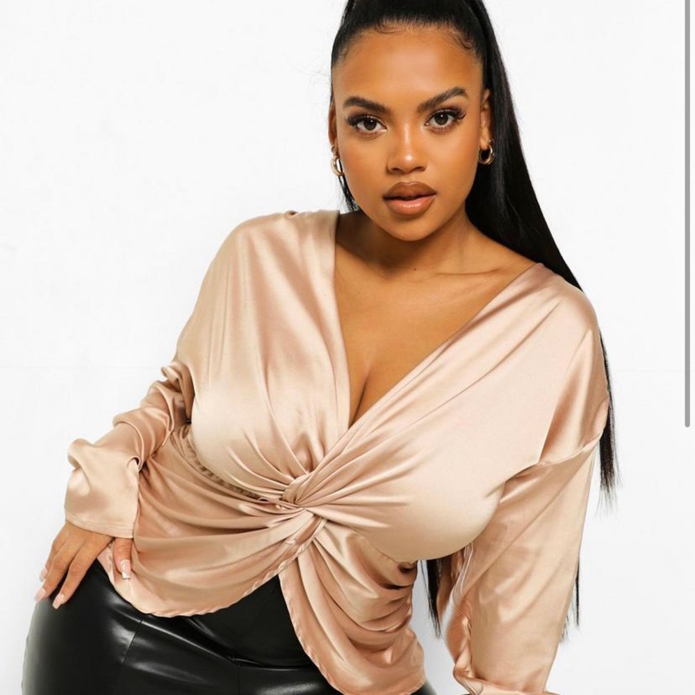 Plus Twist Draped Satin Shoulder Pad Blouse